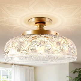 Slypadan Semi Flush Mount Ceiling Light, 12 Inch Large Gold Ceiling Light Fixture, 3-Light Globe Glass Farmhouse Kitchen Lighting Fixtures for Bathroom, Hallway, Dining Room (Bulb Not Included)