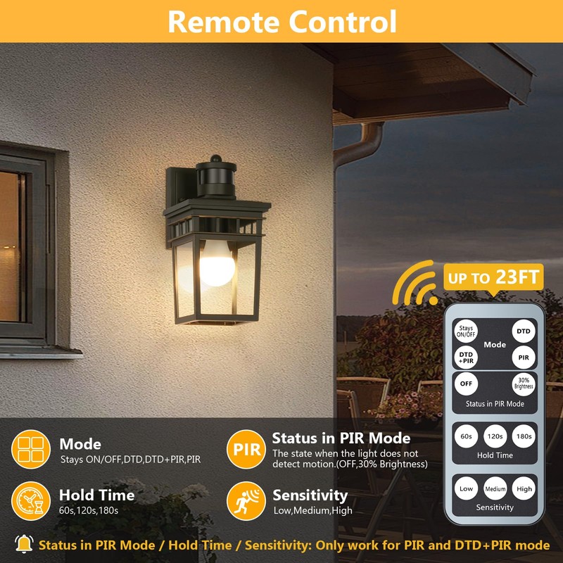 Motion Sensor Outdoor Wall Lantern with Remote Control, Dusk to