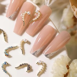 10Pcs Bow Nail Charms for Nail Art, 3D Silver Alloy Bowknot Nail Rhinestones with Pearls Design Cute Metal Crystal Nail Art Charms Valentinee Day Nail Supplies for Women DIY Nail Art Decoration