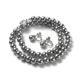Cranes Collection 2 Piece Necklace, Made in Japan, Formal, Black Pearl, 0.3 inch (8 mm), Beads, 16.5 inches (42 cm), Silver Black Color), Crystal Glass Pearl