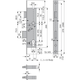Mortise lock 8 mm square - backset: 44, lock face: U-cuff, design: PZ perforated - 141204400426 erial/surfaces: stainless steel V2A matt brushed, product direction: DIN rec