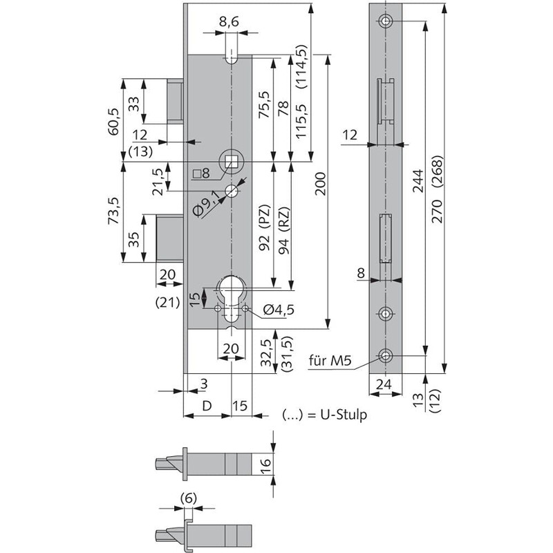 Mortise lock 8 mm square - backset: 44, lock face: