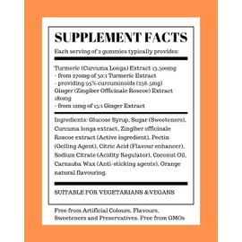 Turmeric and Ginger Gummies | 120 Tasty Natural Orange Flavour Gummies for Adults | Suitable for VEGETERIANS & Vegans | Joint & Immune Health