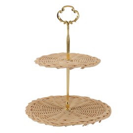 2 Tier Rattan Serving Standing Trays Round Woven Bread Fruit Snack Serving Basket for Daily Wedding Party