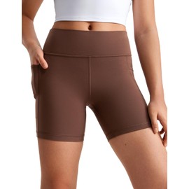 CRZ YOGA Girls Butterluxe Athletic High Waist Biker Shorts with Pockets - Lounge Active Dance Yoga Running Kids Teen Coffee Brown X-Large