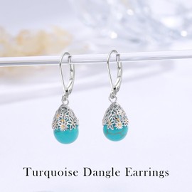 Turquoise Earrings for Women 925 Sterling Silver Daisy Flower Turquoise Dangle Drop Earrings Filigree Western Earrings Leverback Floral Turquoise Jewelry for Her