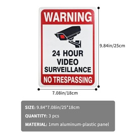 3 Pack Video Surveillance Sign, 7 x 10 Aluminum 24 Hour Surveillance Sign, No Trespassing Sign Security Signs