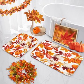Arttown Autumn Orange Pumpkin Bathroom Rug Mat Set of 2, Fall Maple Leaf Washable Cover Floor Rug Carpets Floor Bath Mat Bathroom Decorations 16x24 and 20x32 Inches