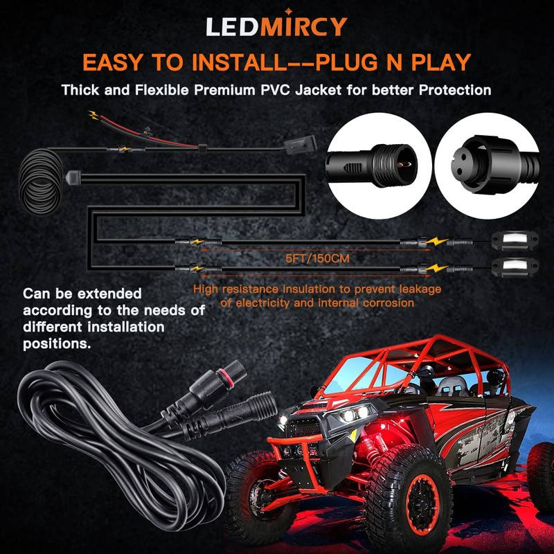 LEDMIRCY LED Rock Lights Extension Cable Wire Cord 2Pin Waterproof