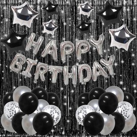 Silver and Black Happy Birthday Decorations for Boys Men Girls Women, Foil Happy Birthday Banner, Fringe Curtains, Star Balloons for Him Her 13th 16th 18th 20th 21st 25th 30th 40th 50th 60th Birthday