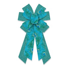 Large Christmas Wreath Bows Christmas Decor Bows Glitter Peacock Green Feather Ribbon Bows for Wreath, Xmas Tree Topper Bows for New Year Party Decoration Home Indoor Outdoor Wreath Ornament Supplies