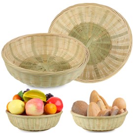 Natural Handwoven Bamboo Made Fruit Basket * 2 Pack 9.4 * 2.8inches, Pretty Reusable Light-weight Fruit Kitchen Storage Basket,Vegetables Fruits, Eggs,Bread Basket