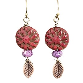 Copper, Lavender and Red Flower Bead Earrings Bloom. Jewelry Earrings for Women #3298FE3356