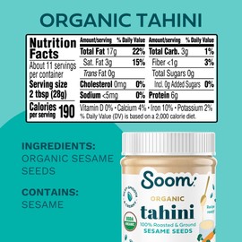 Soom Foods Organic Tahini 16oz (1 Pack) | Roasted & Ground Sesame Seed Paste | Creamy Texture for Hummus, Sauces, Dips, Salad Dressings | Vegan, Nut-Free, Gluten-Free, Kosher, Keto, Paleo, Whole30