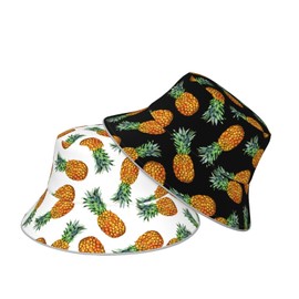 Pineapple Black and White Fruit Tropical Hawaii Bucket Hat Beach Summer Sun Hat Reversible Fisherman Hats Double Sided Wearing for Women Men Boys Girls