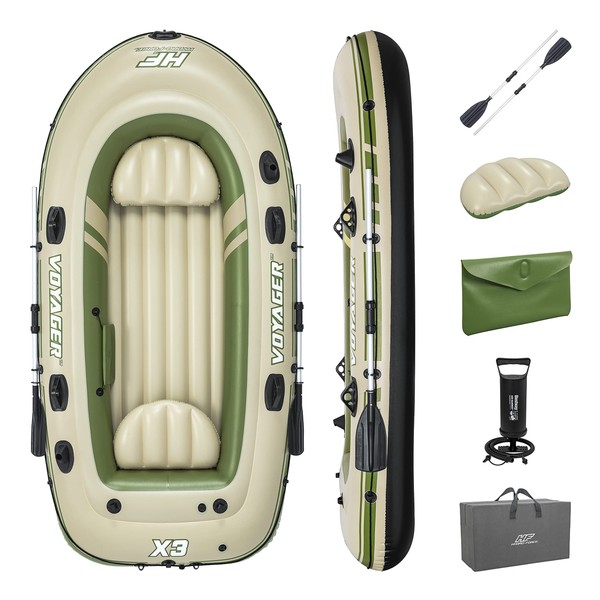 Bestway Hydro-Force Voyager X3 Inflatable 3 Person Water Raft Outdoor Floating Boat Set | Includes Inflatable Boat, Aluminum Oars, Hand-Pump and Carry Bag