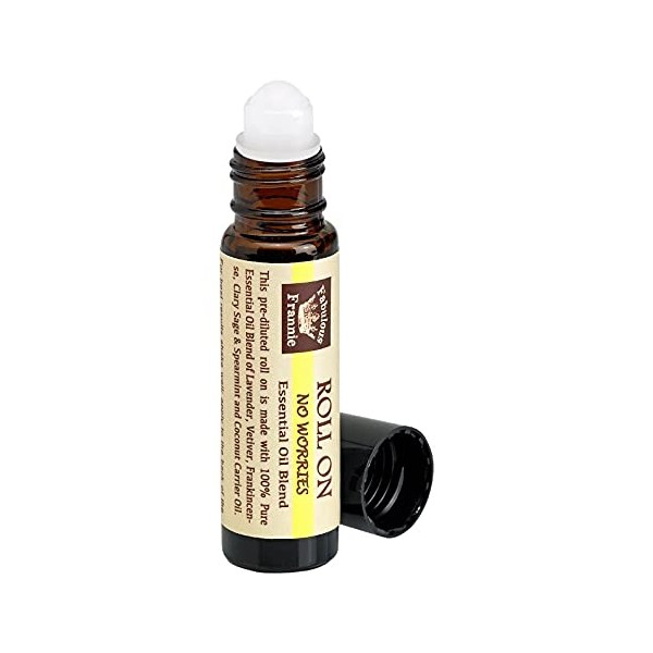 Fabulous Frannie No Worries Essential Oil Blend Roll On 10ml Made with Lavender, Vetiver, Frankincense, Clary Sage & Spearmint Essential Oils and Coconut Carrier Oil.