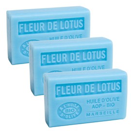 Label Provence Nature Savon de Marseille – Französische Seife aus reinem Bio-Olivenöl und Sheabutter – Lotusblütenduft – 125 g Riegel – 3er-Set