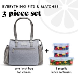 Fit & Fresh Women's Insulated Lunch Bag for Work, Large Lunch Box With 3 Snap-Lid Containers, Zipper, Stain-Resistant, Copley Kit, Gray
