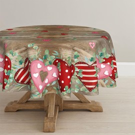 Horaldaily Valentine Tablecloth 70×70 Inch Round, Red Heart Eucalyptus Brown Wood Grain Washable Seasonal Table Cover for Party Picnic Dinner Decor