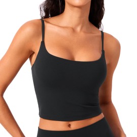 CRZ YOGA Butterlift Womens Scoop Neck Longline Sports Bra - U Back Adjustable Straps Workout Crop Tank Top with Built in Bra Black Small