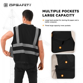 DPSAFETY Reflective Safety vest With back plan pocket,High visibility Class 2 Heavy Duty Surveyor Vest with Zipper,Hi Vis Vest ANSI/ISEA Standard, Construction Work Vest for Men＆Women(Black,M)