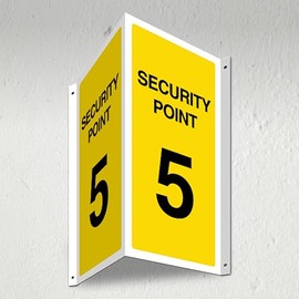 V Safety Security Point 5-3D Corridor Sign 340 x 300 mm - 3mm Indoor Palboard + Fold & Drill Holes - Customised