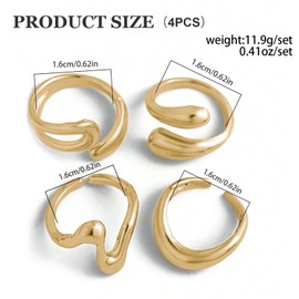 FloralGrace Women's Gold Plated Stackable Statement Rings, Adjustable Rings for Engagement, Chic Gold Rings for Women, Elegant and Timeless, Set of 4