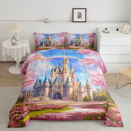 Homewish Princess Theme Comforter Set Queen Size,Dreamy Castle Pink Flowers Trees Bedding Set for Women Adult,Fairy Tales Style Blue Sky Rainbow Luxury Bed Duvet Insert, 2 Pillowcases