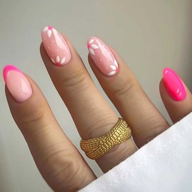 RikView Pink Press on Nails Medium Fake Nails with Flowers Design Almond Nails Glossy Acrylic Nails 24 PCs/Set