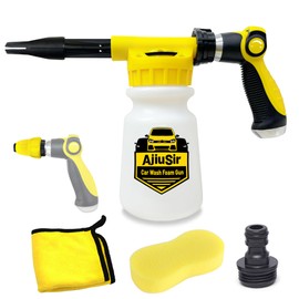Foam Gun Car Wash Sprayer + Washing Sponge & Absorbent Towel, Hose Nozzle Foam Cannon Car Washing Kit, for Garden Cleaning, Pet Showering (Yellow)