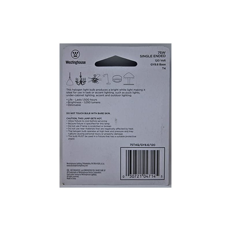 Westinghouse 0471400, 75W T4, GY8.6 Base Clear 1500 Hr 1050Lm