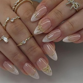 White French Tip Press on Nails Medium Almond Shape Summer Fake Nails with Bow Charms Designs Almond Glue on Nails Stick on Nails Medium Nail Tips French Tip False Nails for Women DIY Manicure