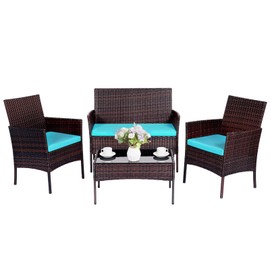PAIQIAN Patio Furniture Set 4 Pieces, Conversation Sets Outdoor Wicker Rattan Chairs Garden Backyard Balcony Porch Poolside Loveseat with Soft Cushion and Tempered Glass Table,Brown/Blue