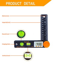 Rainyb Digital Angle Finder Tool 5 inch Pocket Protractor 0-360 degree LED Digital Protractor with Horizontal Bubble Levels and Ruler Meter Accurate Tool for Carpenters,Woodworkers,Fabricators（5 inch）