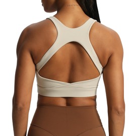 Aoxjox Women's Workout Sports Bras High Impact Fitness Backless Padded Training Gym Khloe Bra Yoga Crop Tank Top, Mink, Small