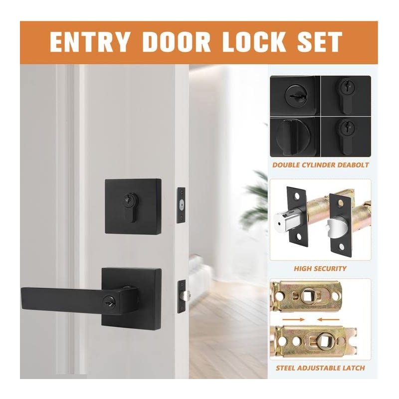 Probrico Flat Black Square Entry Levers Locksets and Double Cylinder