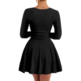 Kaximil Women's Square Neck Long Sleeve Mini Dress Ruffle Hem Corset Short Party Club Dresses, Large, Black