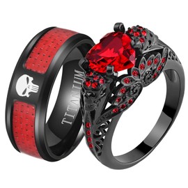 Ringskull Skull Rings His and Hers Couple Rings Skeleton Rings Heart Red Cz Womens Wedding Ring Punk Ring