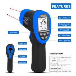 HOLDPEAK HP-985C Digital Laser Infrared Thermometer Gun -58℉~1472℉ (-50℃ ~ 800℃) Non-Contact IR Temperature Gun,16:1 Distance Spot Ratio with Adjustable Emissivity & Max/Min/Avg