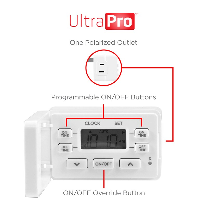 UltraPro 24hr Digital Bar Outlet Timer, 1-Polarized Timer Outlet, 2