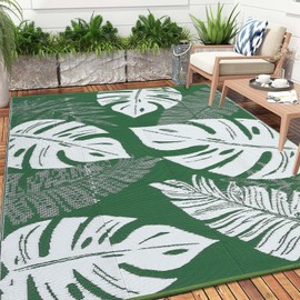 Waterproof 9x12 Outdoor Rug for Patio Reversible Plastic Straw Rug Leaves Camping Carpet with Carry Bag, Stain & UV Resistant Portable RV Carpet for Camper Deck Balcony Porch Beach Picnic Green
