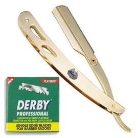The Shave Factory Straight Edge Razor Kit - with Single Stainless Steel razors (Gold + Derby Professional Single Edge)