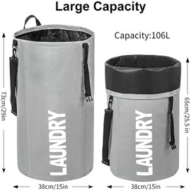 WISHPOOL Bolsa de lavandería extragrande de 106 L, bolsa de lavandería, plegable, cesta de lavandería, cesta de lavandería grande, cesta para ropa sucia (gris)