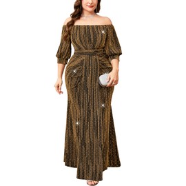 TIARALY Plus Size Sparkly Formal Dress Off Shoulder Puff Sleeve Mermaid Maxi Dresses Cocktail Wedding Party Evening Gown, Black & Gold, 3X