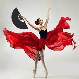 Cyrank Large Folding Fan, Nylon Black Cloth Handheld Fan Foldable Fan for Chinese Tai Chi, Women Dance Performance, Decorations, Festival