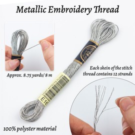 6 Skeins Embroidery Thread, Metallic Silver Embroidery Floss Friendship Bracelet String, Polyester Cross-Stitch Threads Friendship Bracelet String for Hand Embroidery, String Art