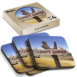 4 x Square Coasters - Climate Change Sign Desert Earth Cork Backed MDF Glossy Tea Coffee Accessory #52718