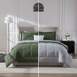 7 Pcs Reversible Bed in a Bag Set Two Tone Lightweight Comforter Set Cal.King Size Diamond-Pattern Stitching | Olive Green Gray Color All Seasons Aesthetic Bedding Farmhouse Hotel Luxury Look