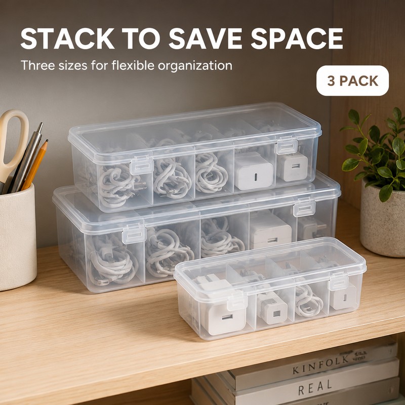 3-Pack Transparent Cable Organizer Storage Boxes with Lids and Dividers